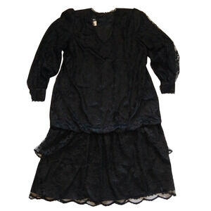 Vintage 80s Black Lace Drop Waist Dress Plus Size 24W V Neck Tiered Gothic Goth